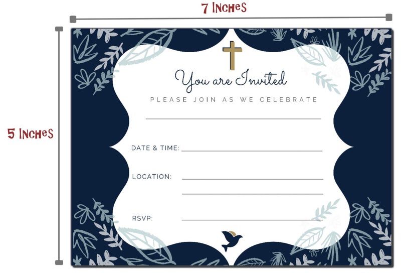 Elcer 25 Religious Invitations Boys & Girls Navy Blue & Gold | Fill in Blank Cards Invites Holy First Communion Baptism Confirmation Christening Reconciliation | 25 ct with envelopes | 5" x 7" - Image 4